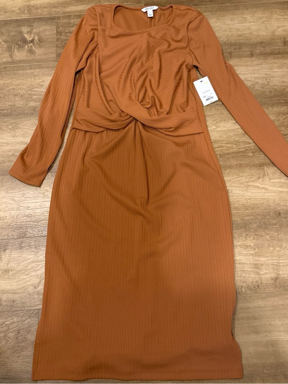 Nine West Rust Twist-Front Long-Sleeve Midi Dress